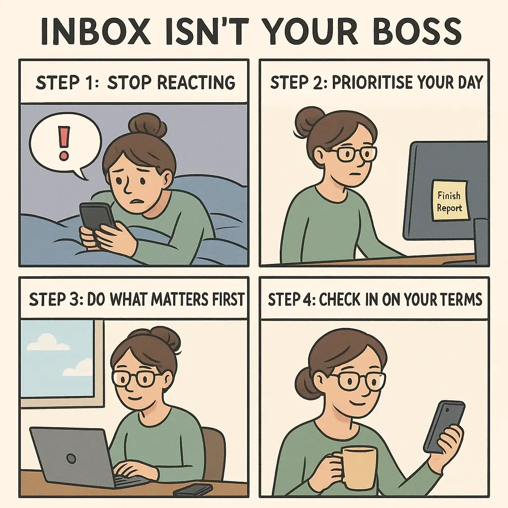 A woman transitions from checking her phone in bed to calmly working at her desk, illustrating tech boundaries for a focused morning.