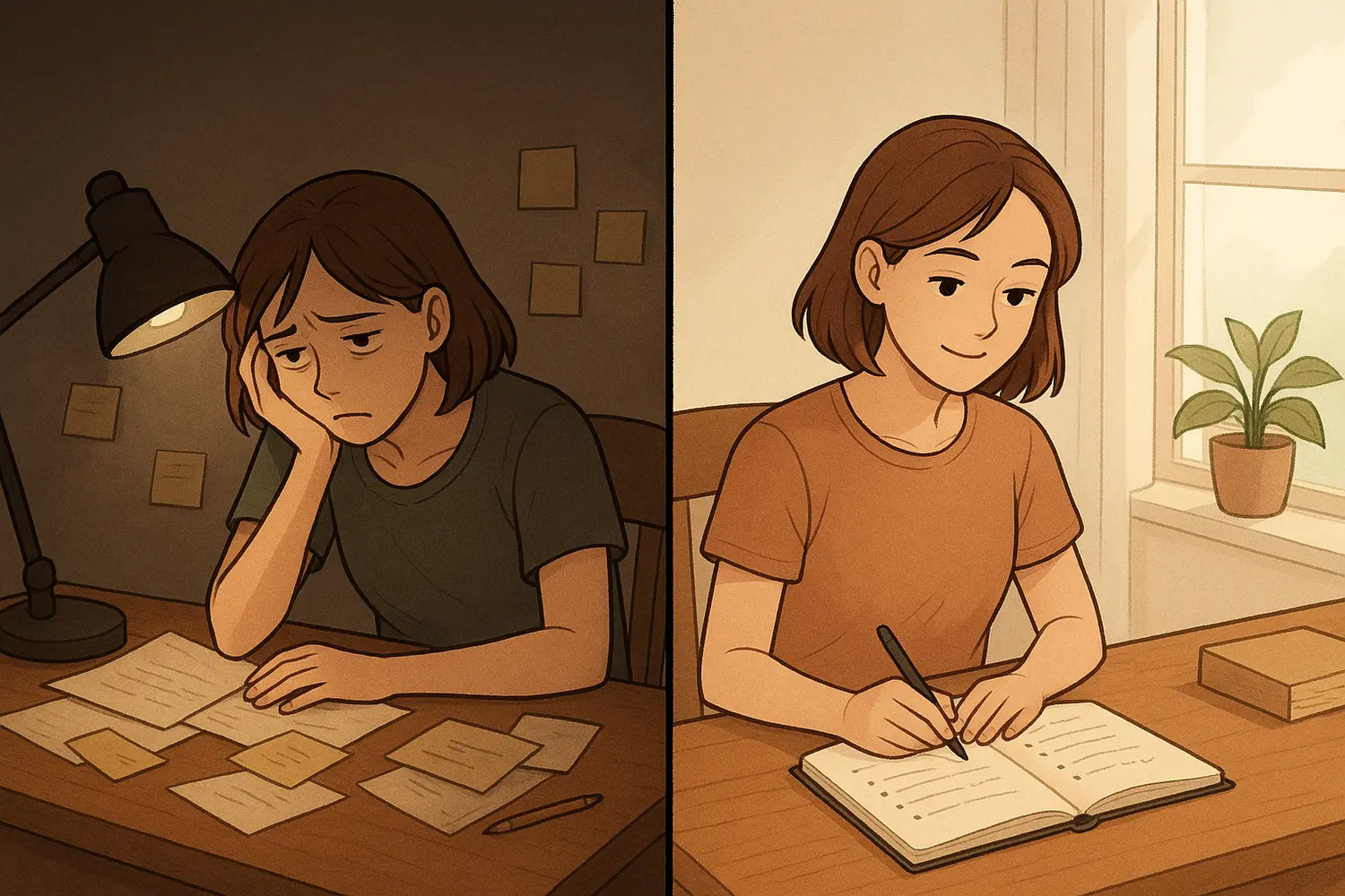 Split-panel illustration showing a woman's transformation from overwhelmed at a chaotic desk to calm and focused with an organised planner.