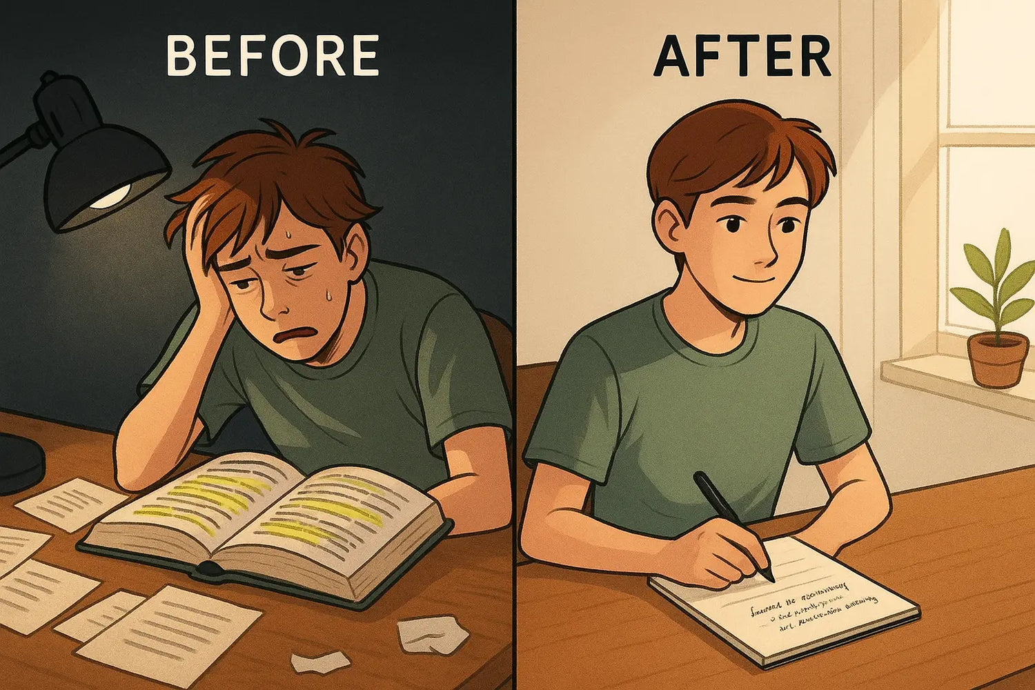 Split illustration showing a student's transformation from chaotic textbook highlighting to organised note-taking with a clear summary method