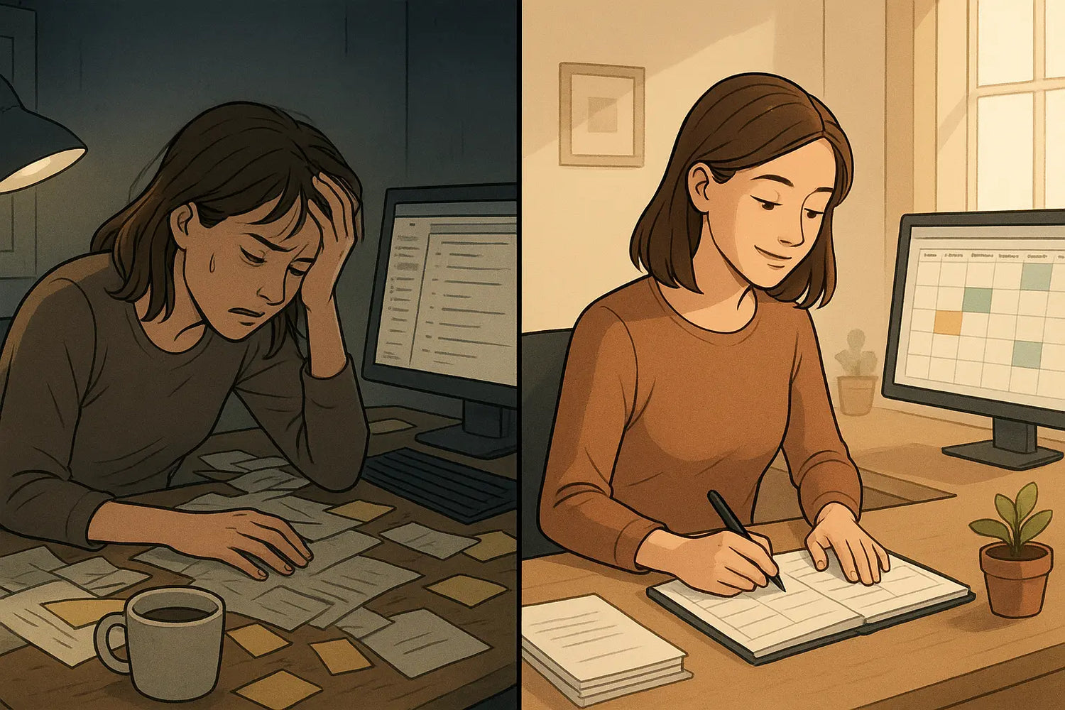Before and after split image showing a stressed woman at a cluttered desk transforming into a calm, focused woman with an organised workspace and weekly planner