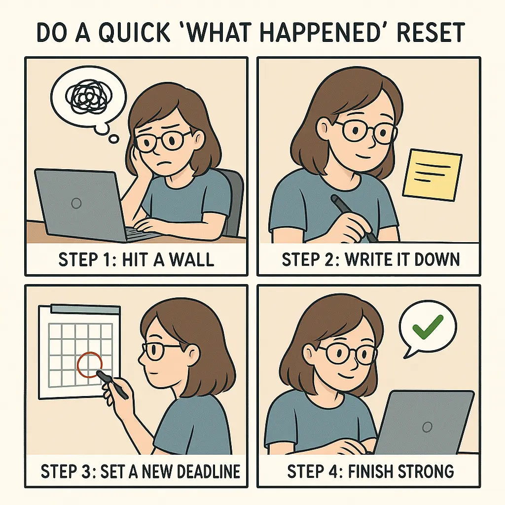 A woman at her desk writing notes and setting a new deadline after experiencing mid-task frustration, then completing her work with renewed confidence.