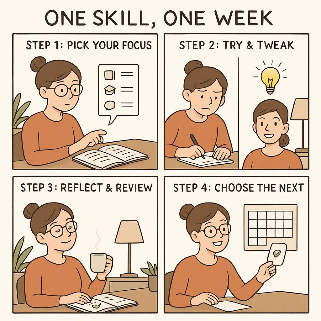 Young woman in study space testing different learning skills across four weekly steps with icons and planner