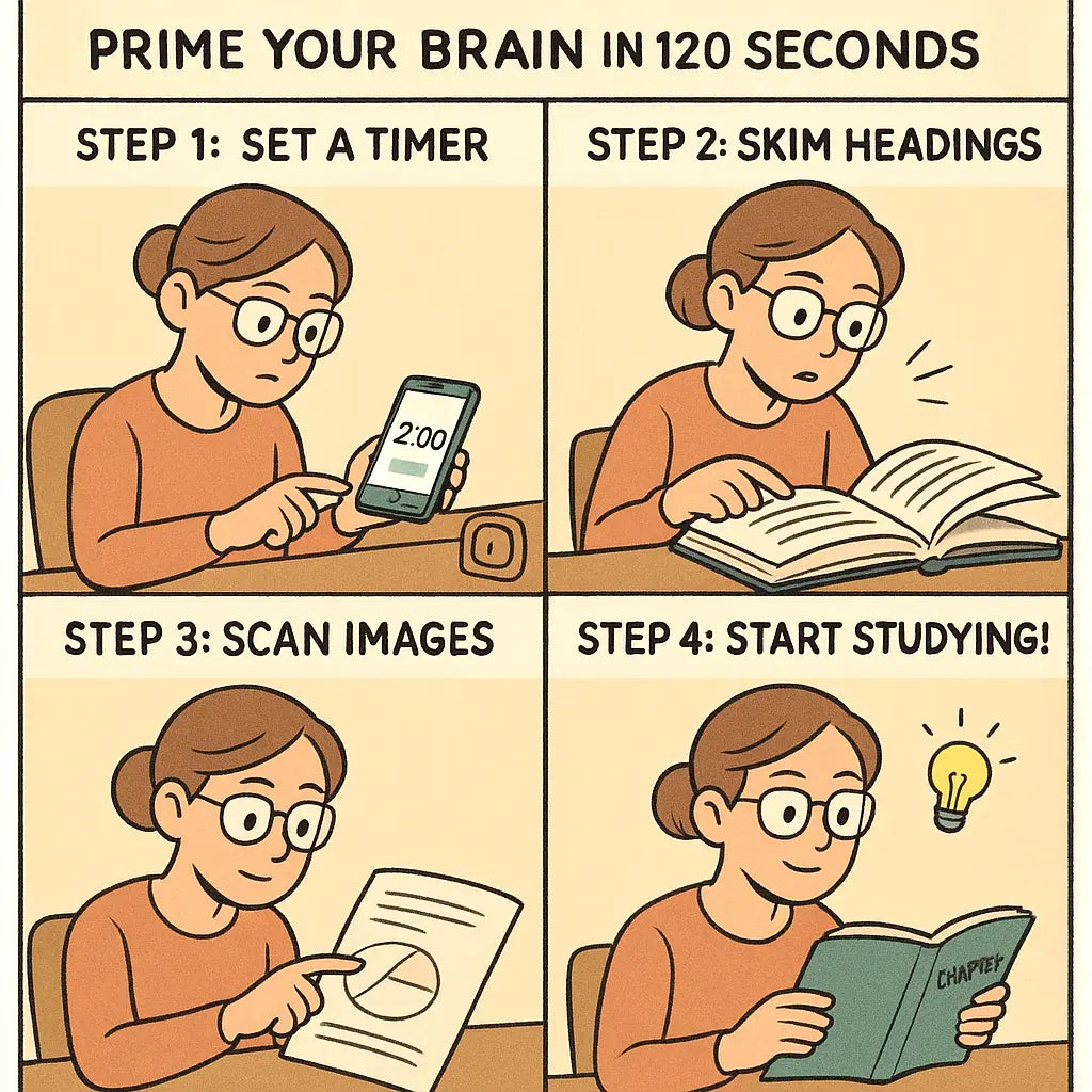 A four-panel comic showing a student setting a timer, skimming headings, scanning diagrams, and starting to study with confidence.
