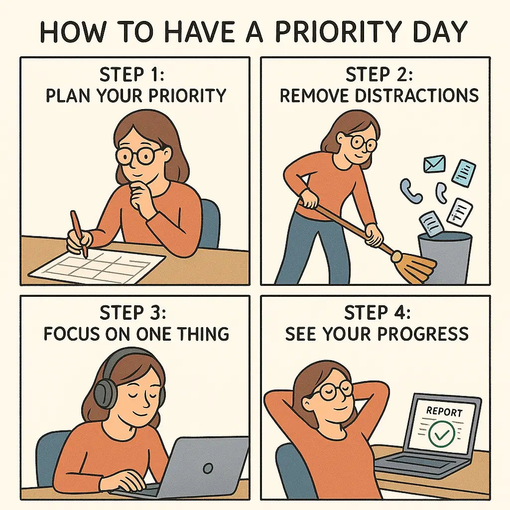 Four-panel comic showing a woman planning her priority, clearing distractions, focusing deeply, and celebrating completion of her most important task.