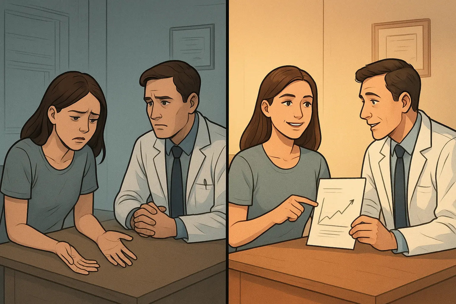 A woman confidently presenting a simple work log to her doctor, showing the transformation from struggling to explain work patterns to clear communication.