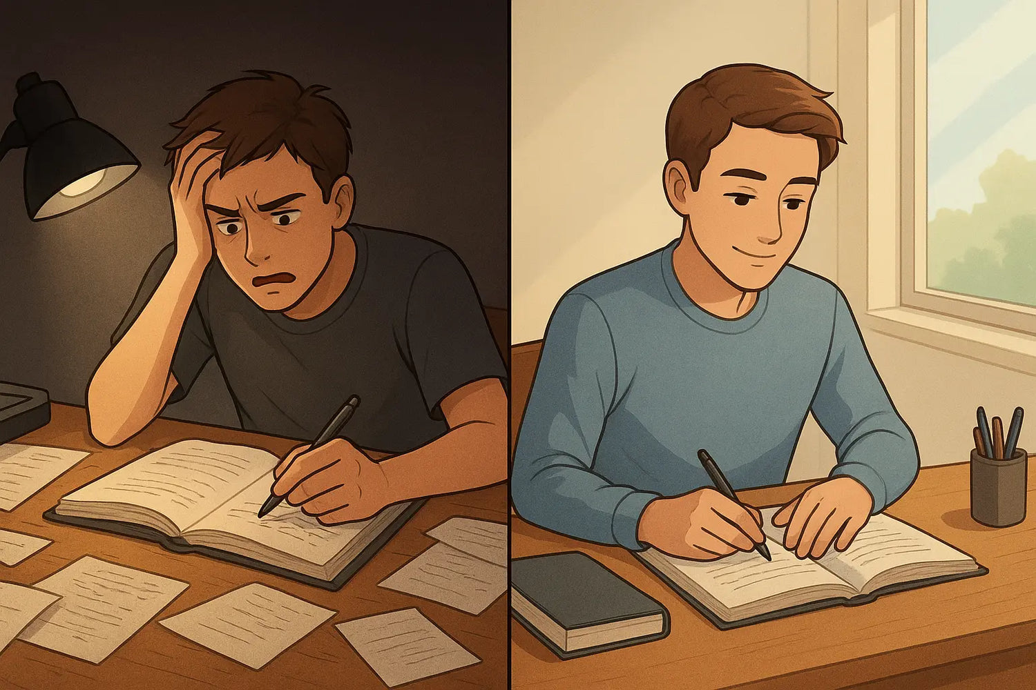 Split image showing a stressed student at a cluttered desk transforming into a calm, focused student at an organised workspace.