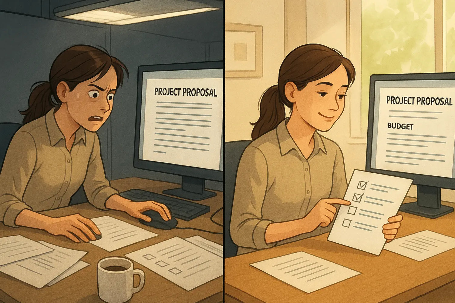 Professional woman at desk using checklist to catch error in proposal, showing before stressed and after relieved expressions