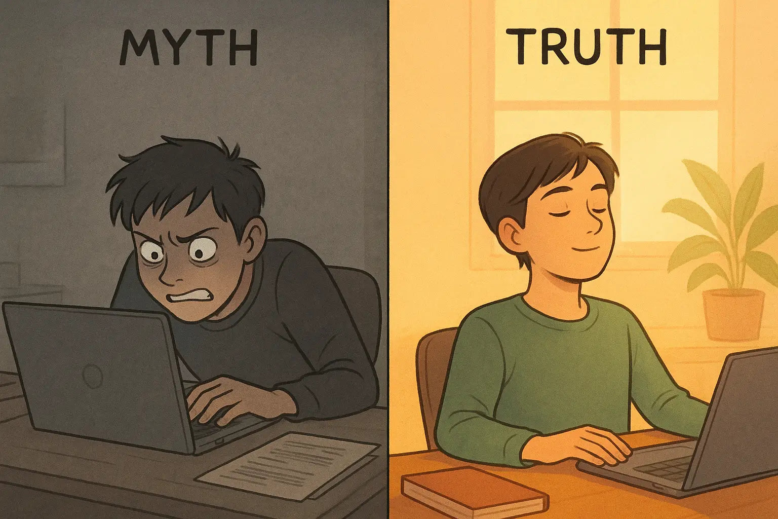 Student transitioning from tense screen-staring to calm, eyes-closed blink reset in bright, peaceful study space