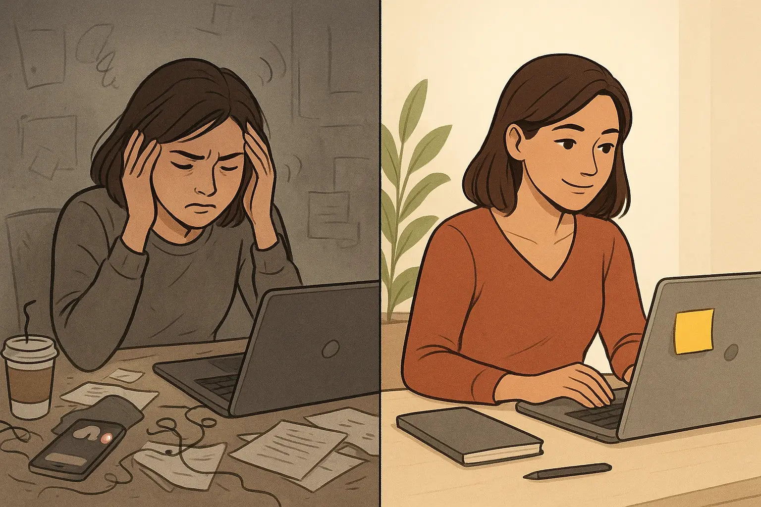 Side-by-side comparison of a cluttered workspace with distractions versus a clean, organised desk designed for optimal focus and productivity.
