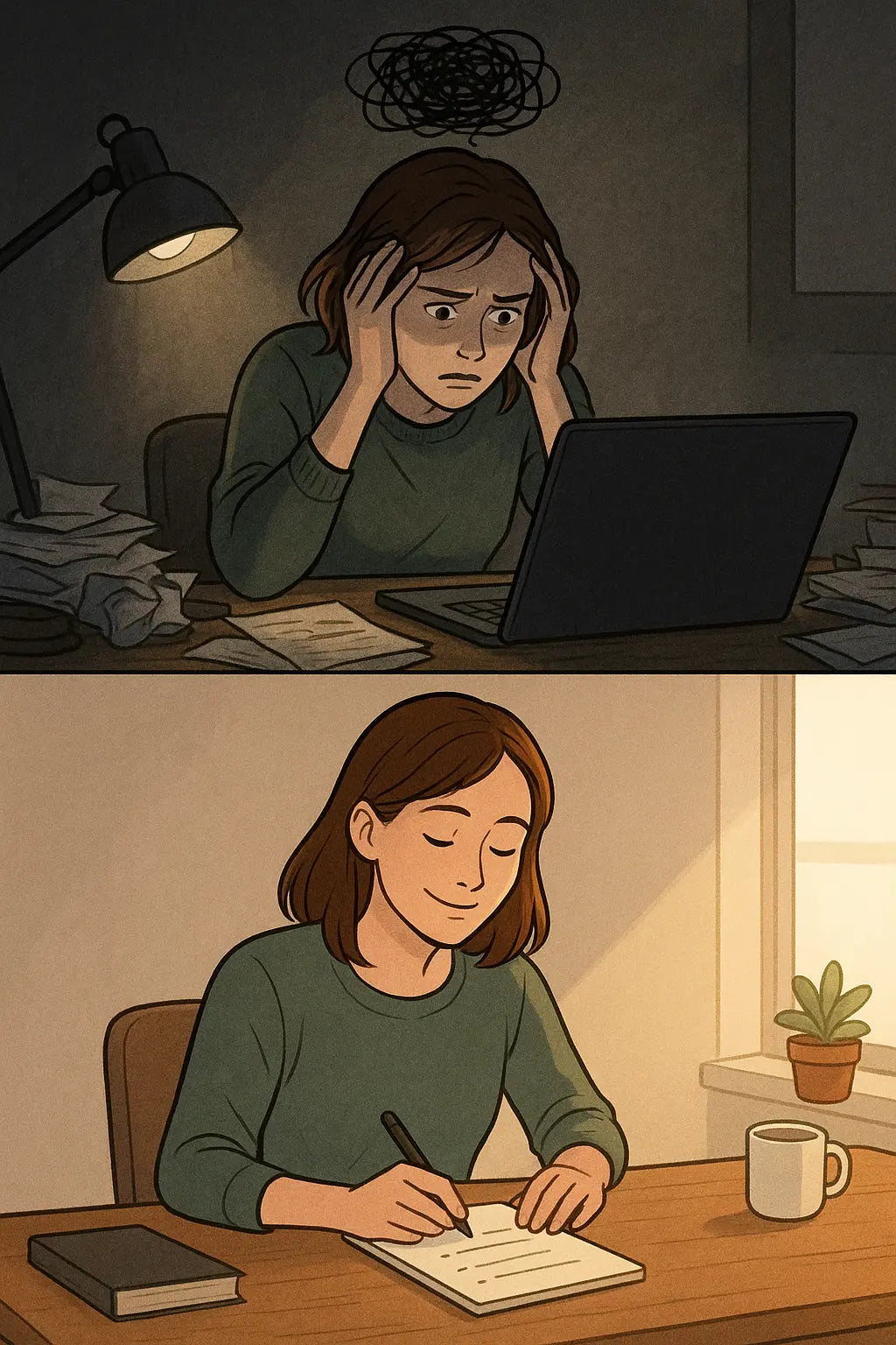 A woman transforms from overwhelmed at a messy desk to calm and focused after using a simple writing exercise on a notepad.