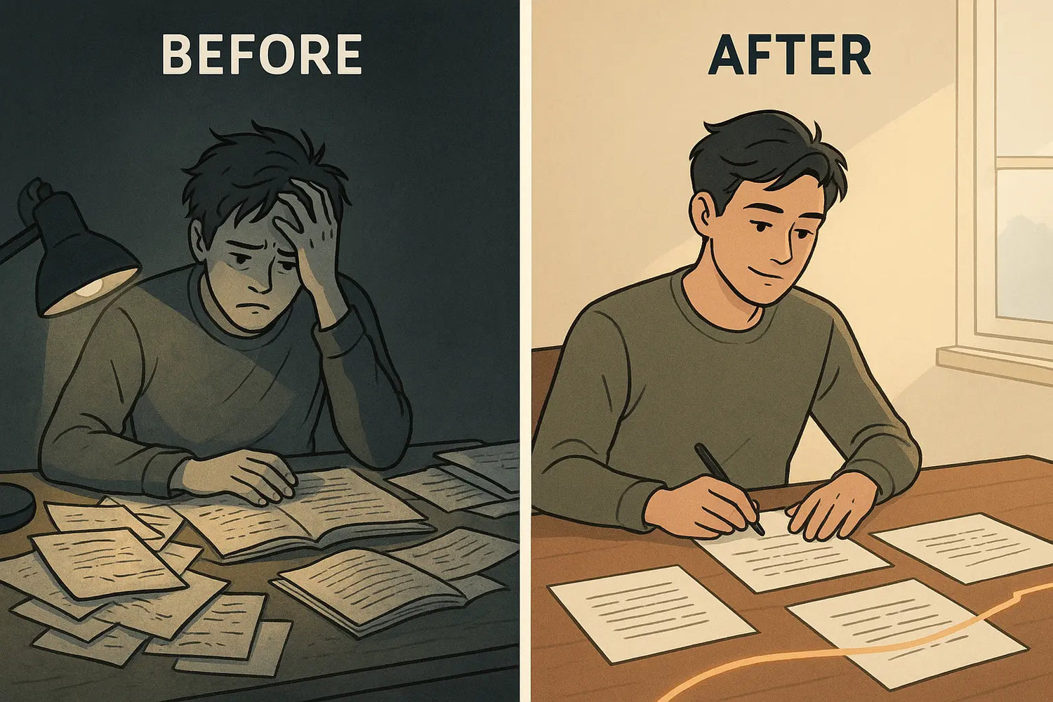 Split-panel illustration showing a student's transformation from overwhelmed by chaotic research to calm and focused with an organised paper