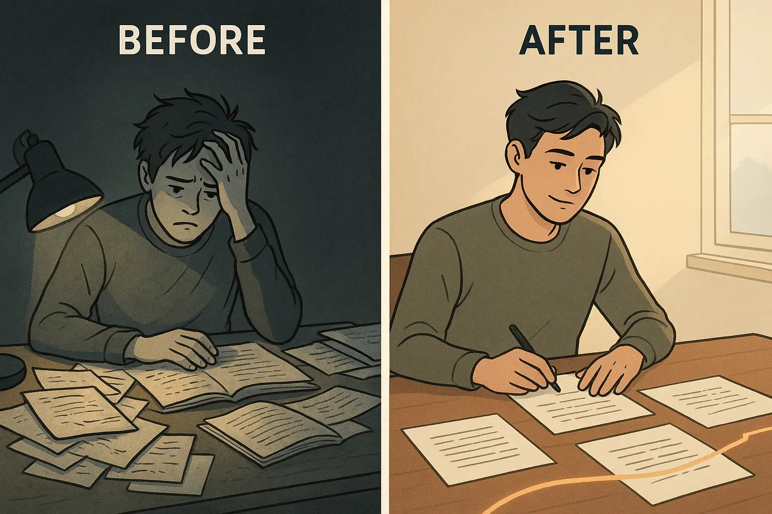 Split-panel illustration showing a student's transformation from overwhelmed by chaotic research to calm and focused with an organised paper