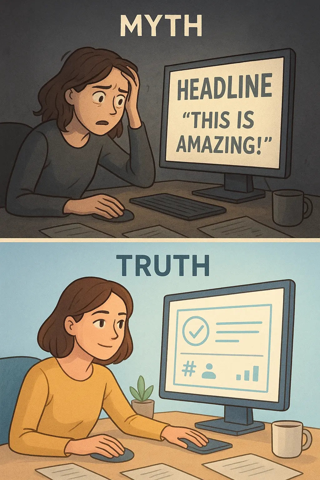 Woman at desk confidently evaluating information using three simple checks: numbers, source, and comparison