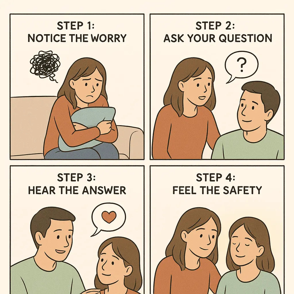 Four-panel comic showing a young woman transforming from anxious to calm through a reassurance ritual with her partner