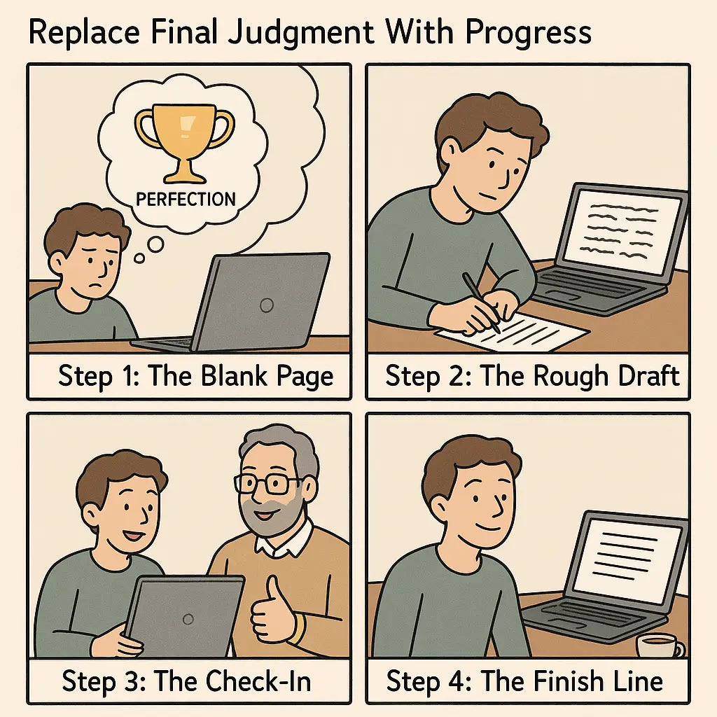 Four-panel comic showing student overcoming perfectionism: from blank page anxiety, through rough draft creation and feedback, to proud completion.