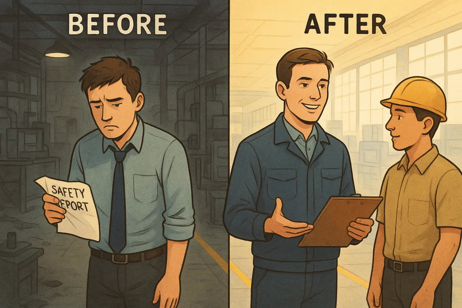 Split panel showing manager's transformation from frustrated in messy factory to confident teaching safety in organised workplace