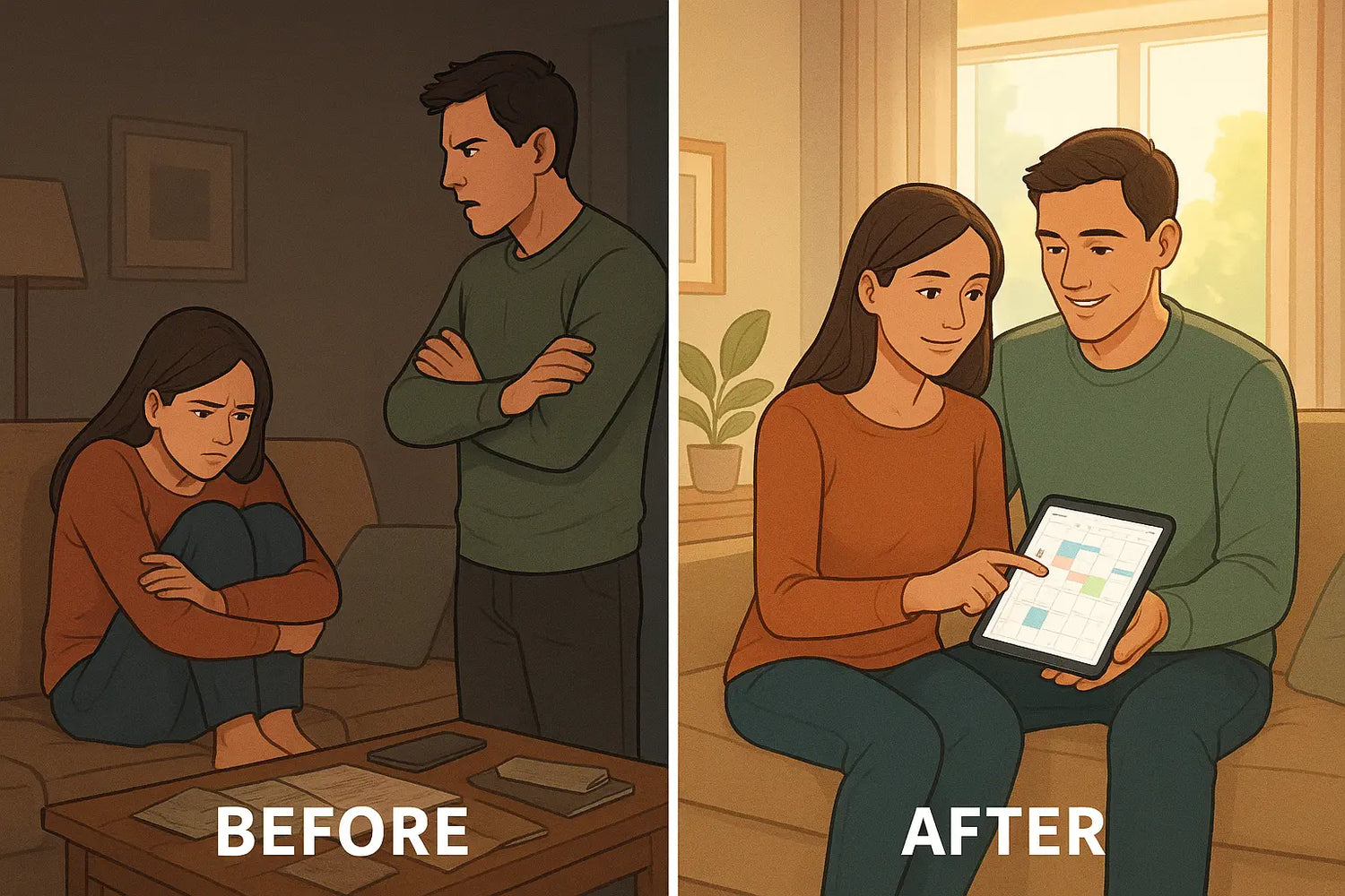 Split panel showing a couple's transformation from tense argument about forgetfulness to collaborative planning with a shared calendar in a bright, organised living room.