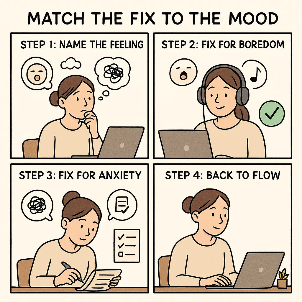 A four-panel comic showing a woman managing work moods by identifying feelings and applying specific fixes to return to calm productivity.