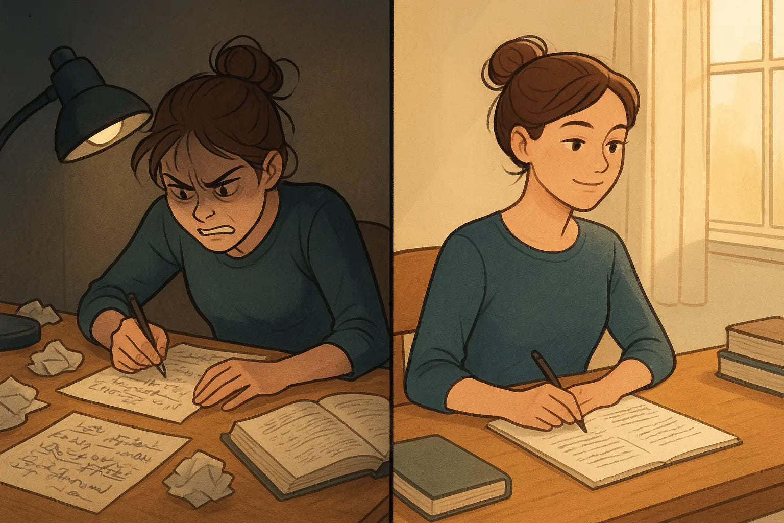 Split panel showing student transformation from stressed with messy notes to calm with neat, organised study workspace