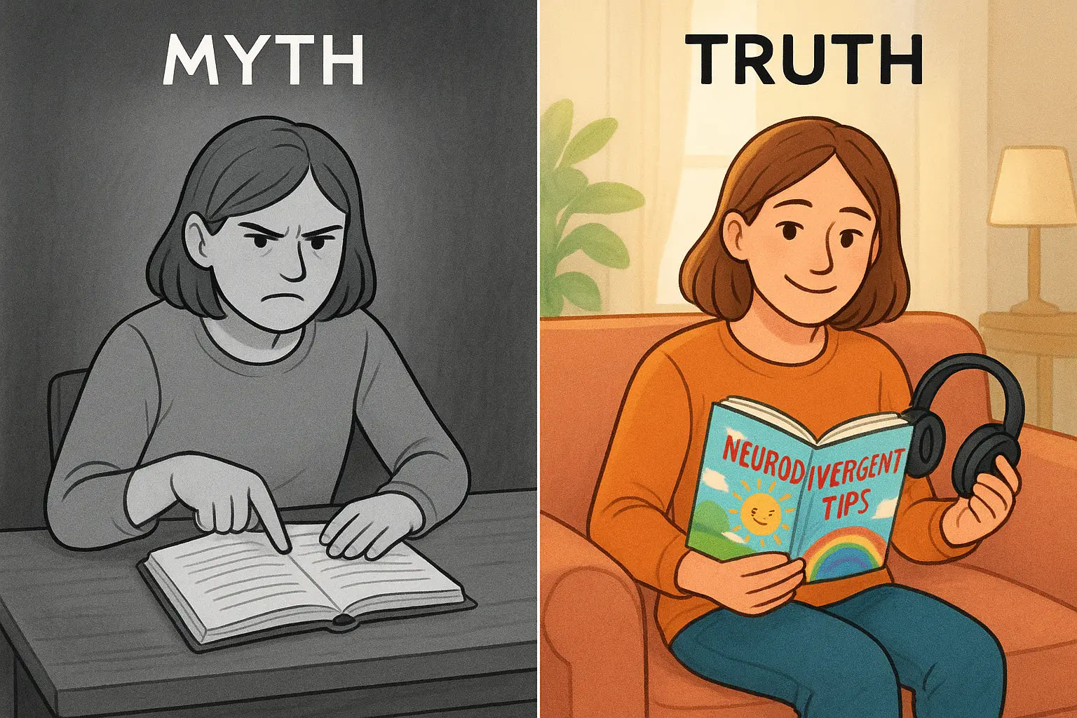 A woman reading a colourful storybook on a cosy sofa, smiling and holding headphones, illustrating a warm, shared learning experience.