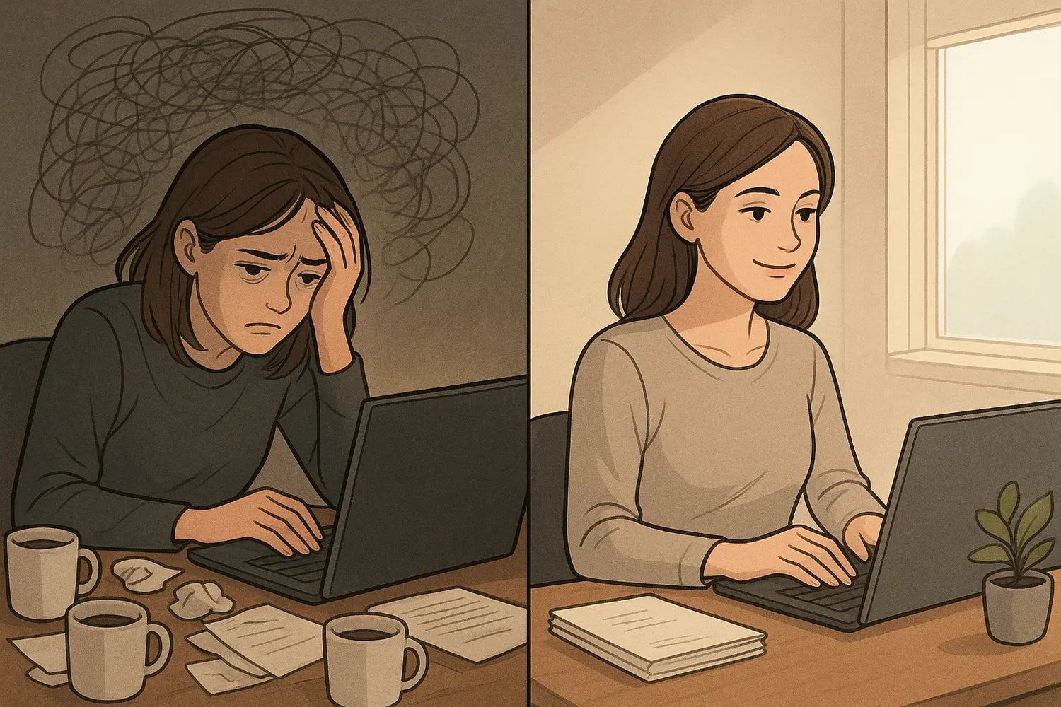 Woman transforming from overwhelmed at cluttered desk to calm and focused at organised desk after making a clear decision