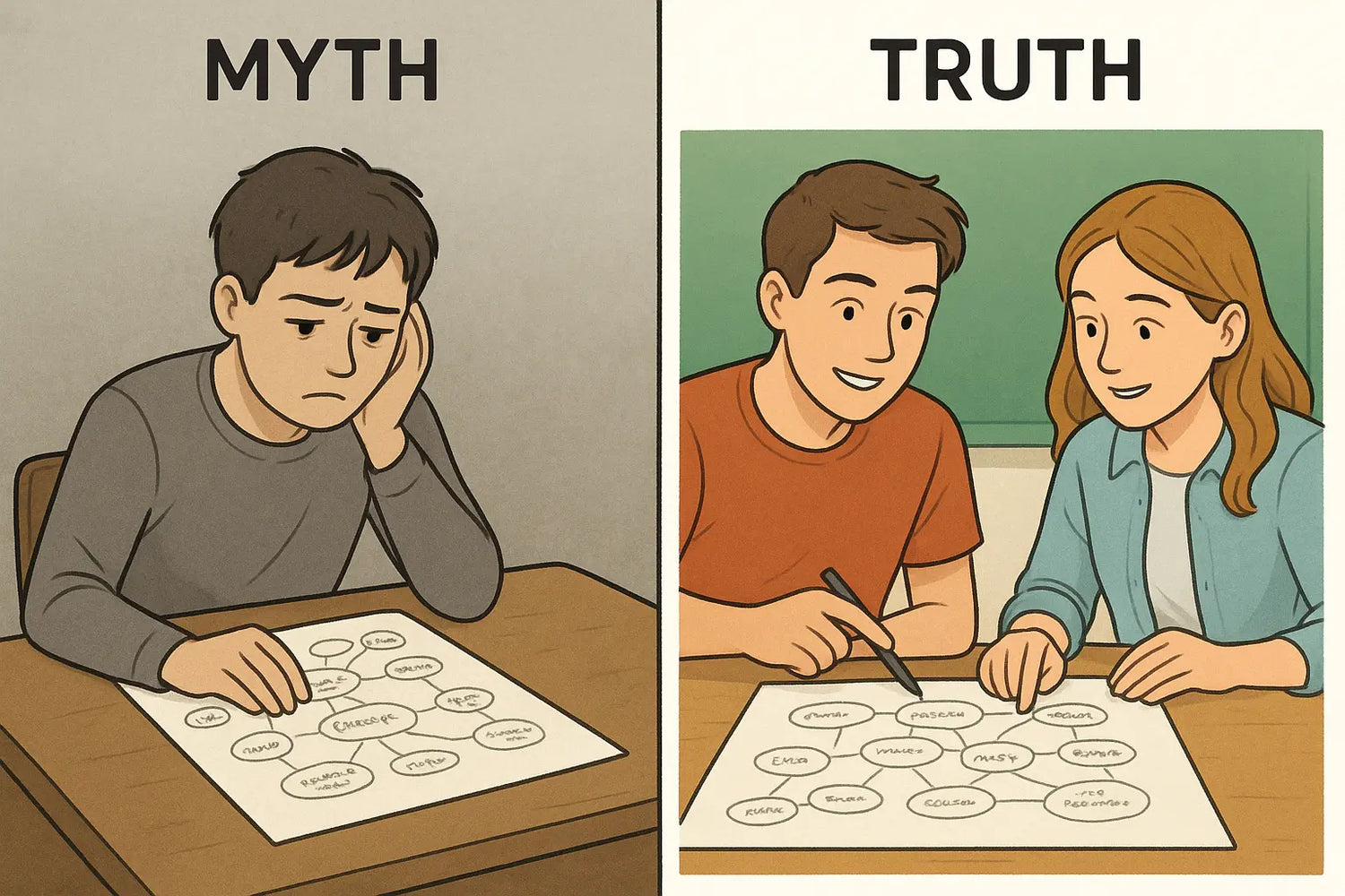 Two students actively discussing a concept map together, pointing at connections and engaged in collaborative learning