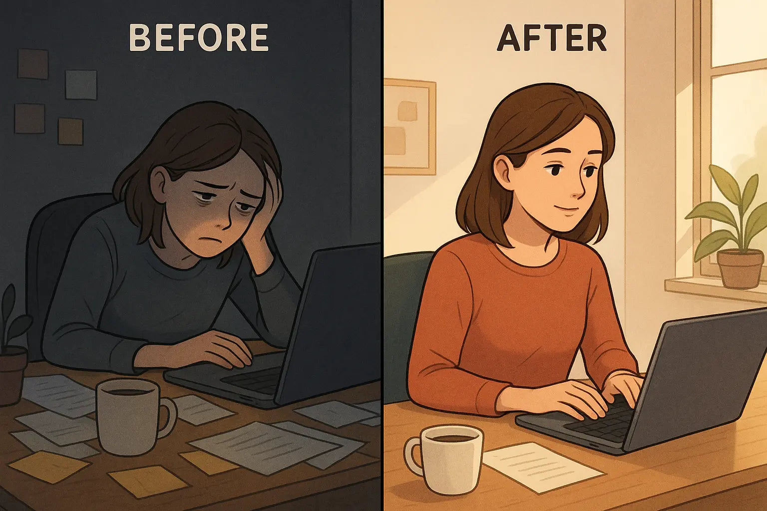 Split image showing a woman at her desk, before looking overwhelmed in clutter, after appearing calm and focused in an organised space.