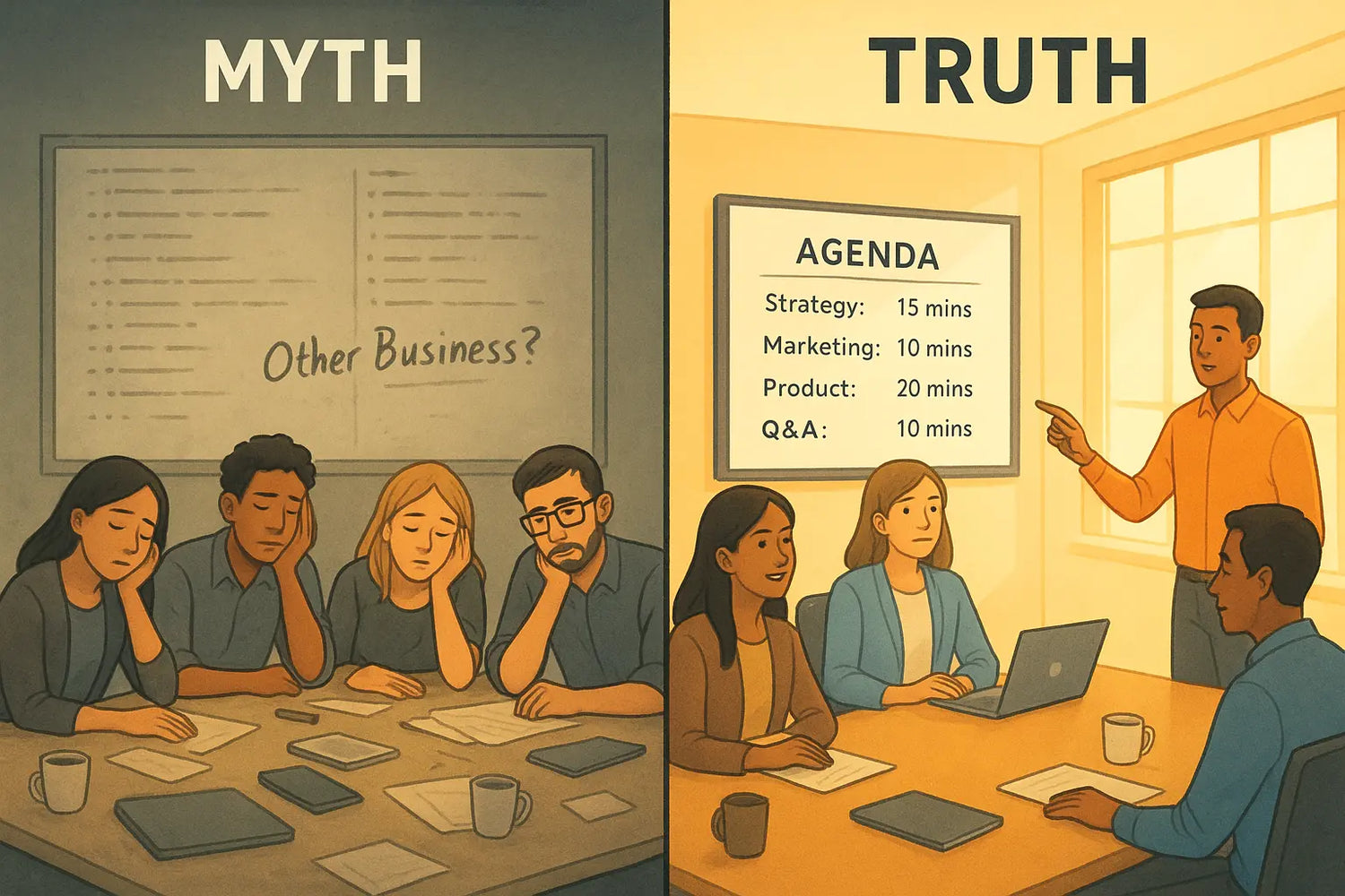 Side-by-side comparison of a chaotic meeting with bored professionals versus an organised, timeboxed meeting with engaged team members pointing at a clear agenda.