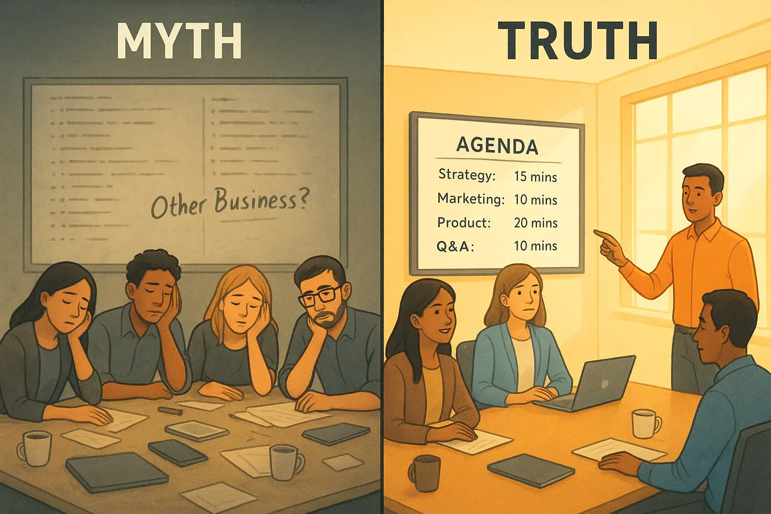 Side-by-side comparison of a chaotic meeting with bored professionals versus an organised, timeboxed meeting with engaged team members pointing at a clear agenda.