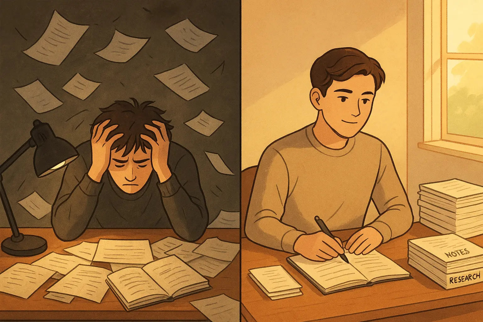 University student at organized desk with neatly labeled research notes, smiling confidently in bright natural light.