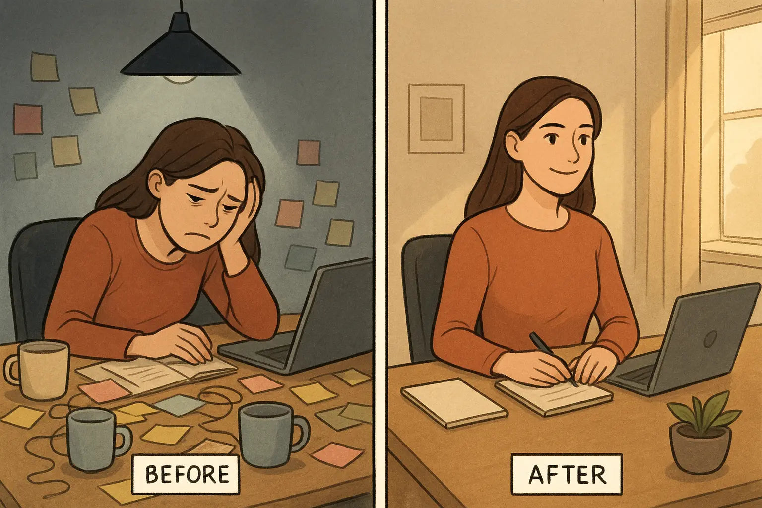 Before-and-after workspace showing a woman's transformation from a cluttered, stressful desk to an organised, calm environment after limiting her active projects.