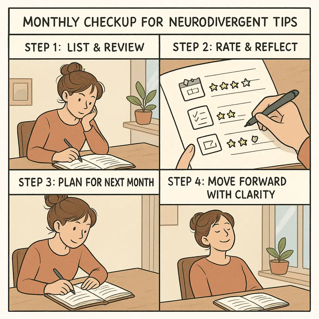 Young woman at desk reviewing neurodivergent strategies in notebook with star ratings and icons for planning and focus tools