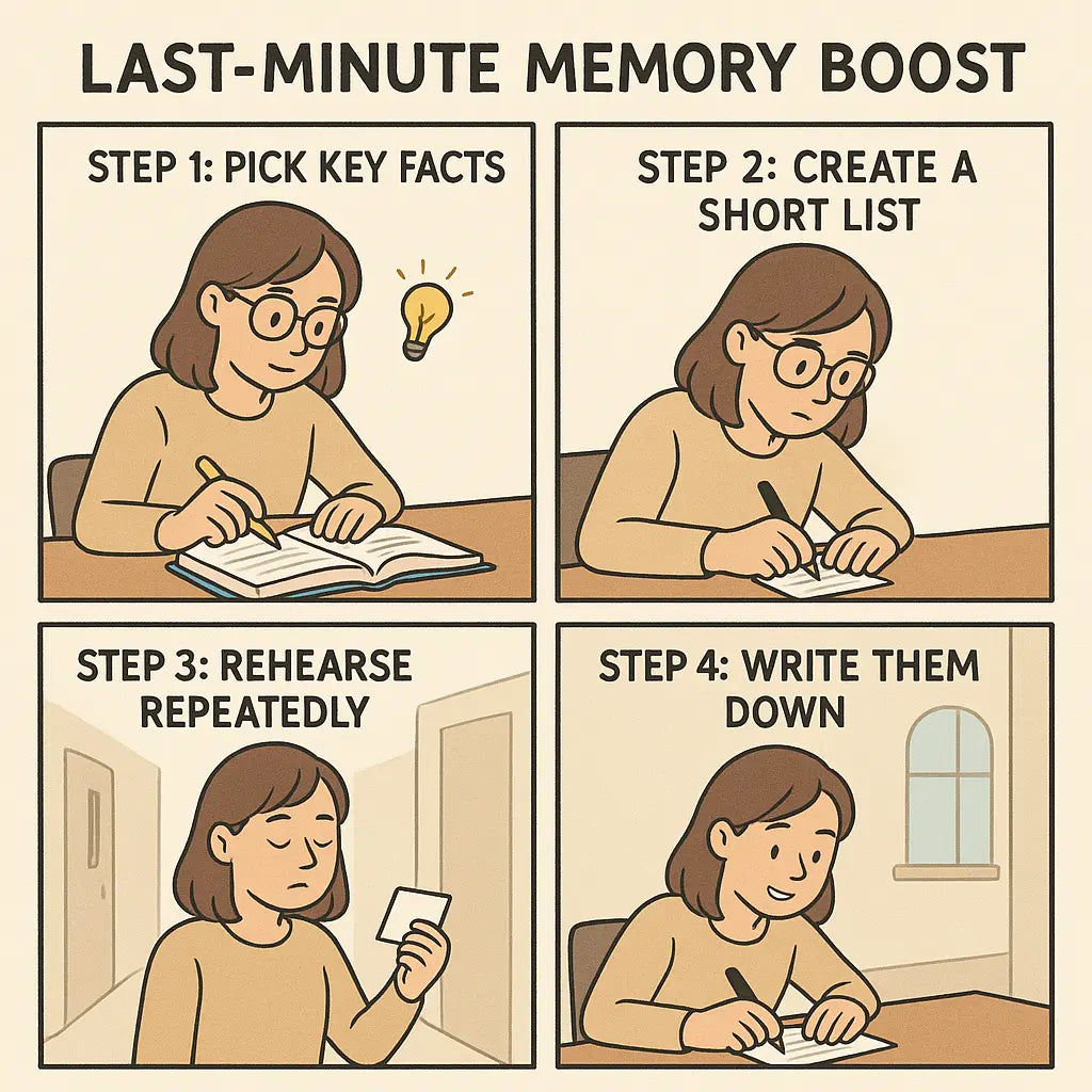 Four-panel comic strip showing a student using short-term memory techniques to prepare for a test at the last minute