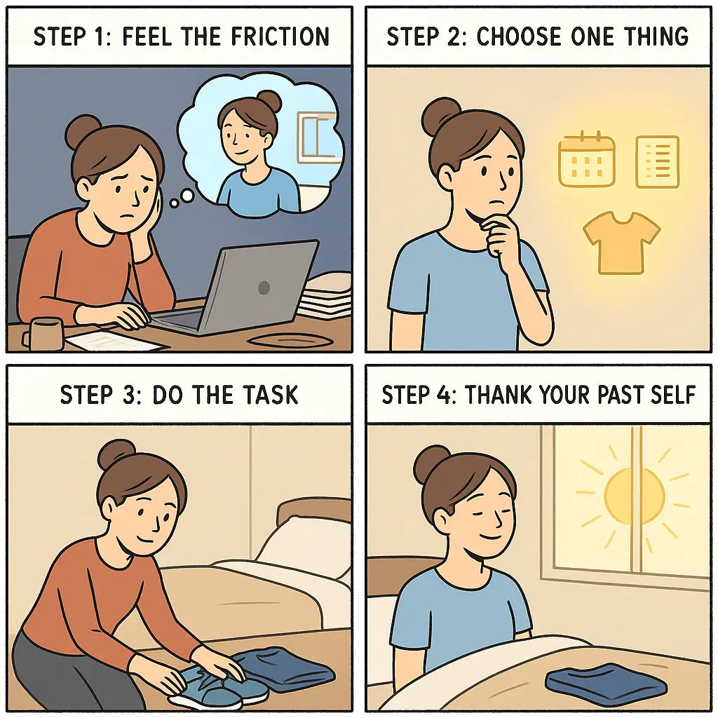 Young woman calmly laying out gym clothes at bedside, preparing for an easier morning ahead in a simple four-panel comic strip style.