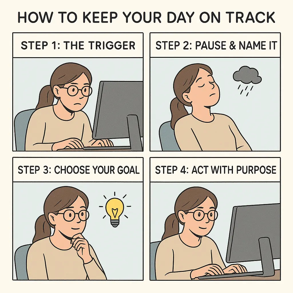 Four-panel comic showing a professional woman managing work stress through emotional regulation steps, from recognising triggers to acting calmly.