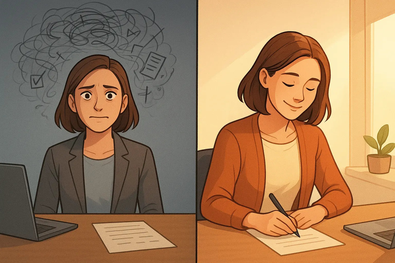 Split panel illustration showing a woman at her desk transforming from appearing composed with internal chaos to genuinely calm and focused