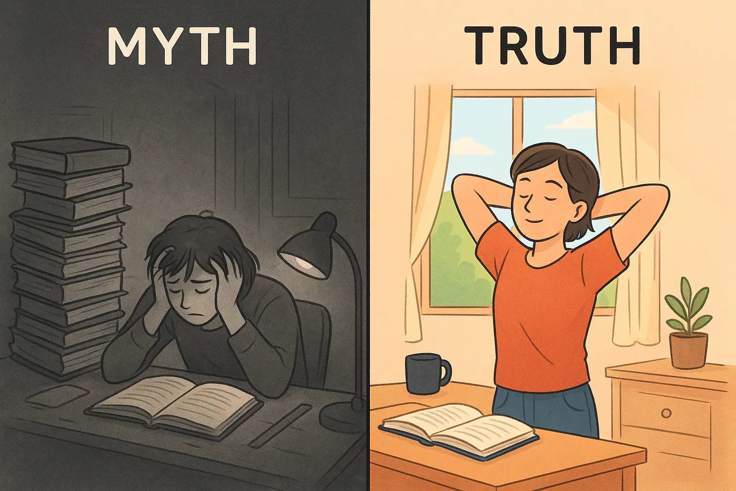 Side-by-side illustration showing exhausted student slumped at desk versus refreshed student stretching in bright, organised study space