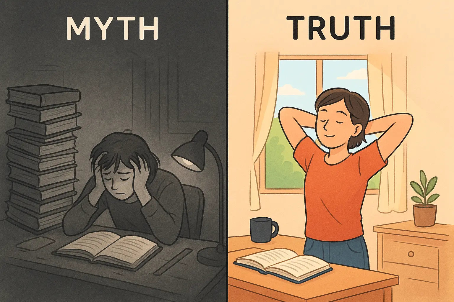 Side-by-side illustration showing exhausted student slumped at desk versus refreshed student stretching in bright, organised study space