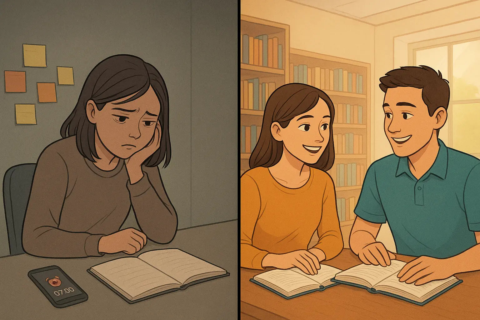 Split illustration comparing a woman struggling alone with ignored alarms to the same woman successfully starting her study habit with a friend