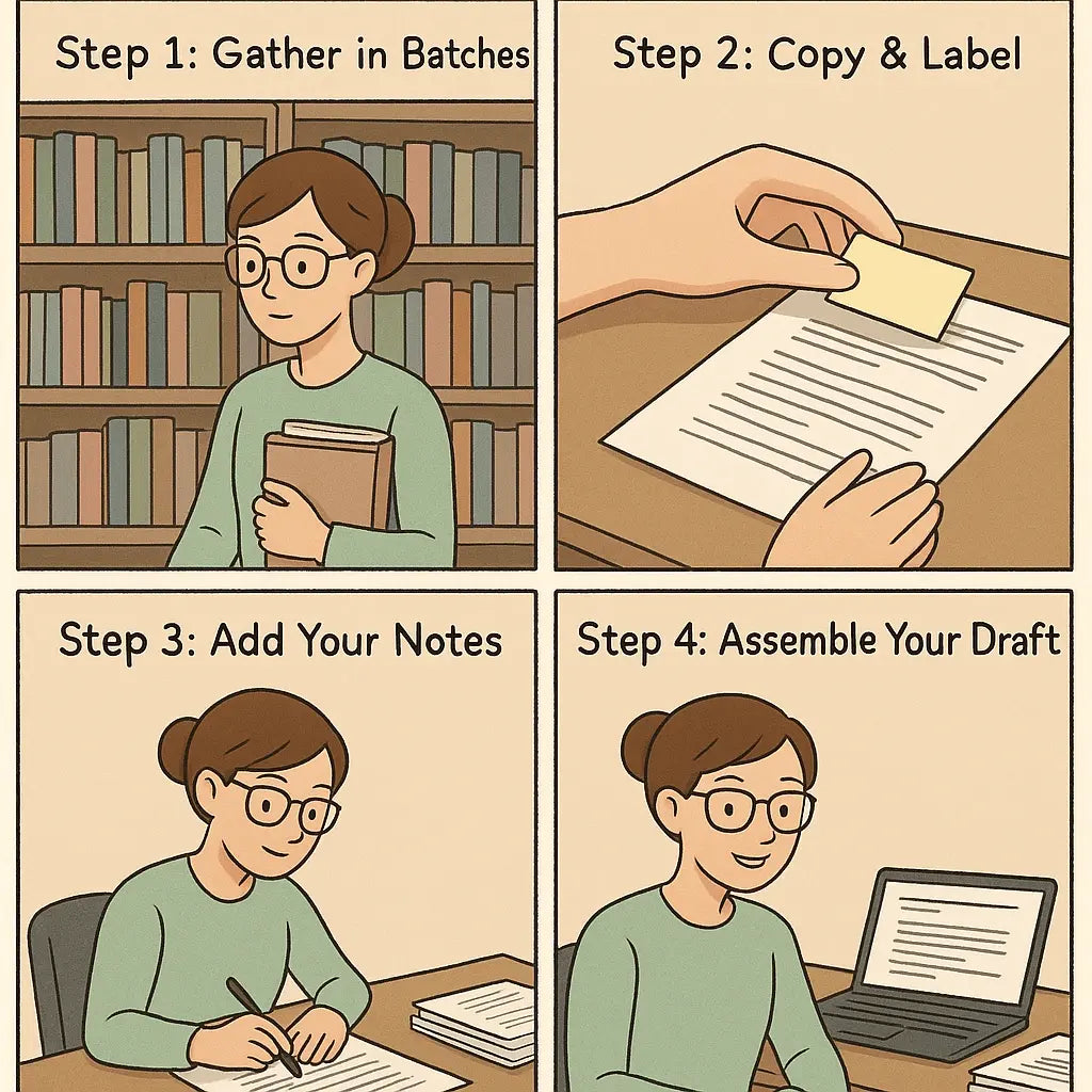 Four-panel comic showing a university student calmly gathering library books, labelling photocopies, annotating pages, and assembling a research paper draft on her laptop.