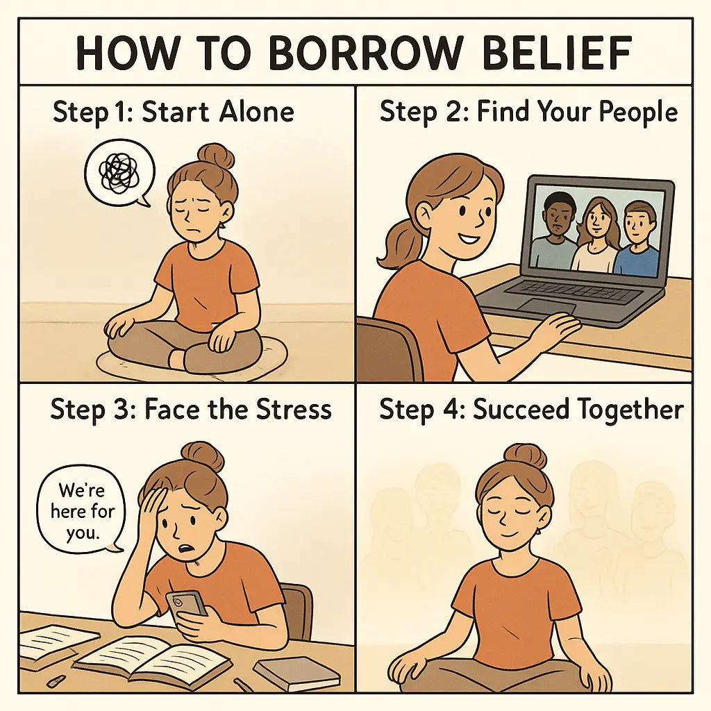 Four-panel comic showing a woman's journey from struggling alone to succeeding with group support and belief