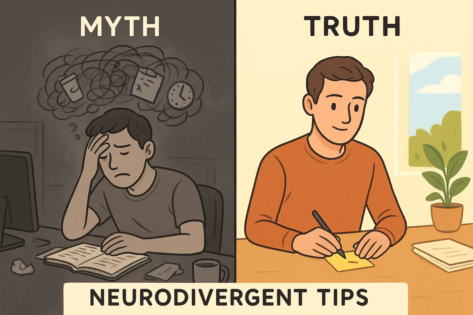 Side-by-side illustration showing a man overwhelmed by past mistakes on the left and calmly focusing on a future task on the right