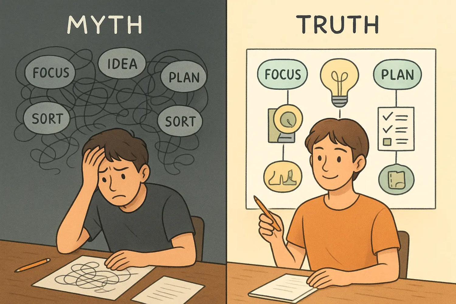 Side-by-side comparison showing a confused student with a tangled concept map versus a confident student with an organised map featuring clear examples.