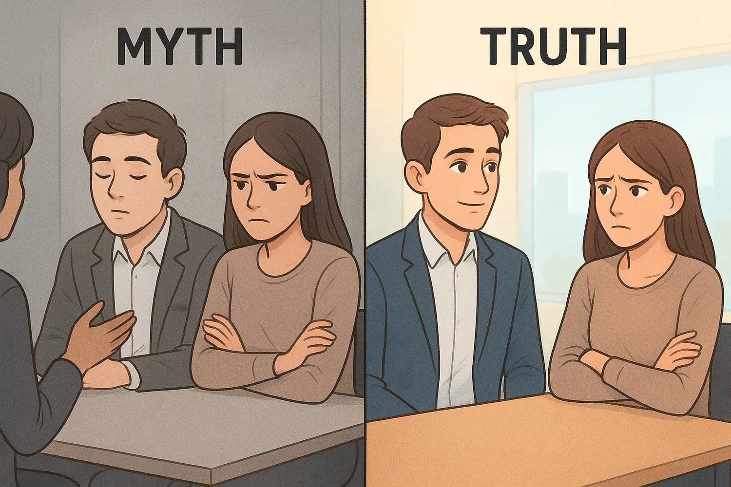 Diptych showing myth vs truth: one colleague with closed eyes missing body language cues, the other observing crossed arms and stress signals clearly