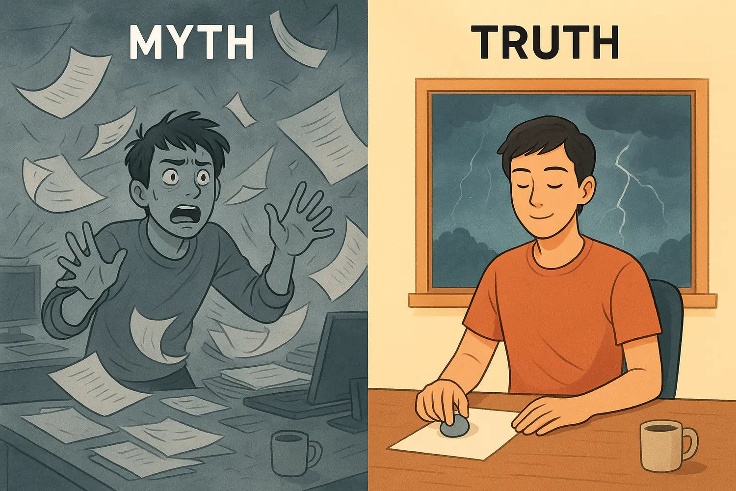 Split scene showing chaotic paper storm versus calm person securing one paper with a paperweight at their desk