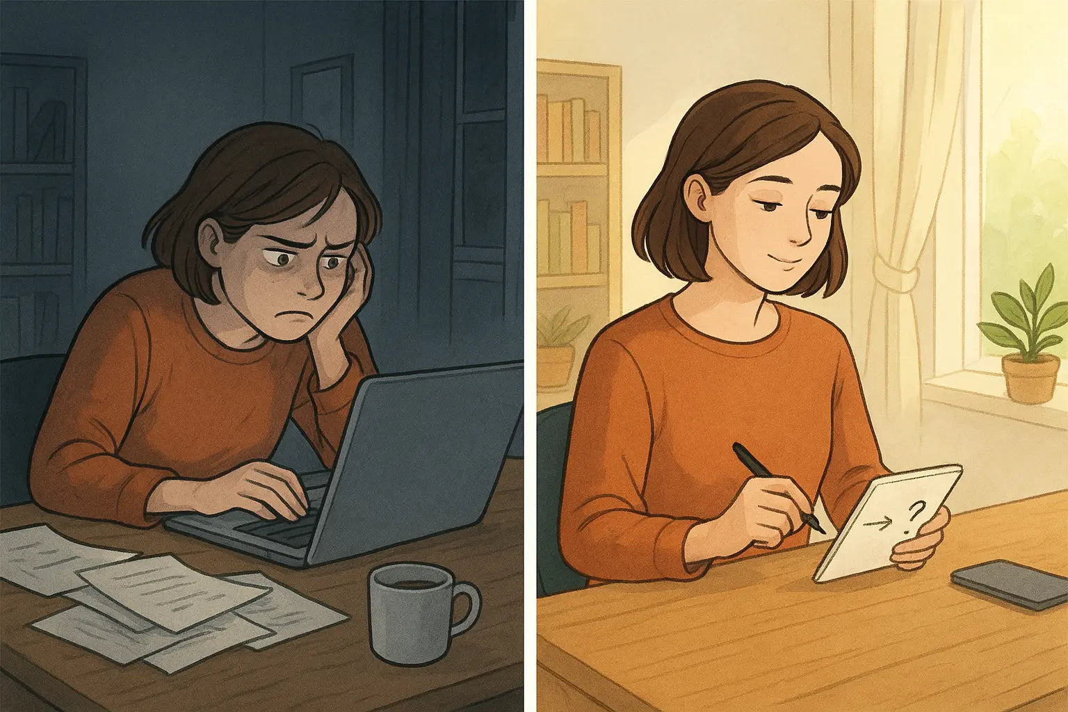 Woman transforming from overwhelmed at messy desk to calm and thoughtful at organised workspace, viewing challenges as experiments