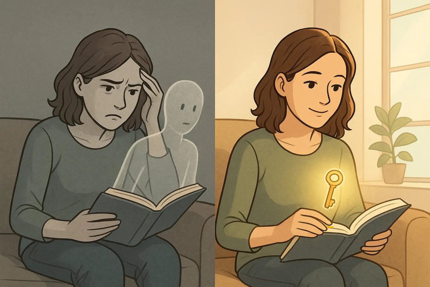 Woman reading a book calmly, highlighting a key lesson with a glowing key symbol floating above the page, representing clarity and insight