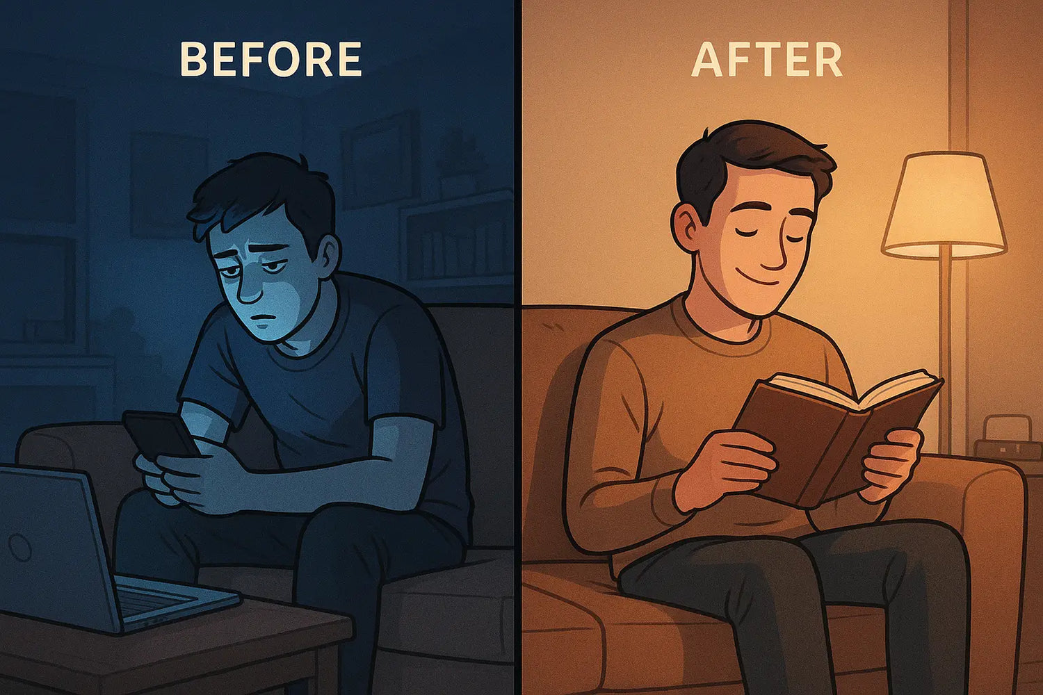 A man transforms his evening from tired phone scrolling to peaceful reading by unplugging his internet router