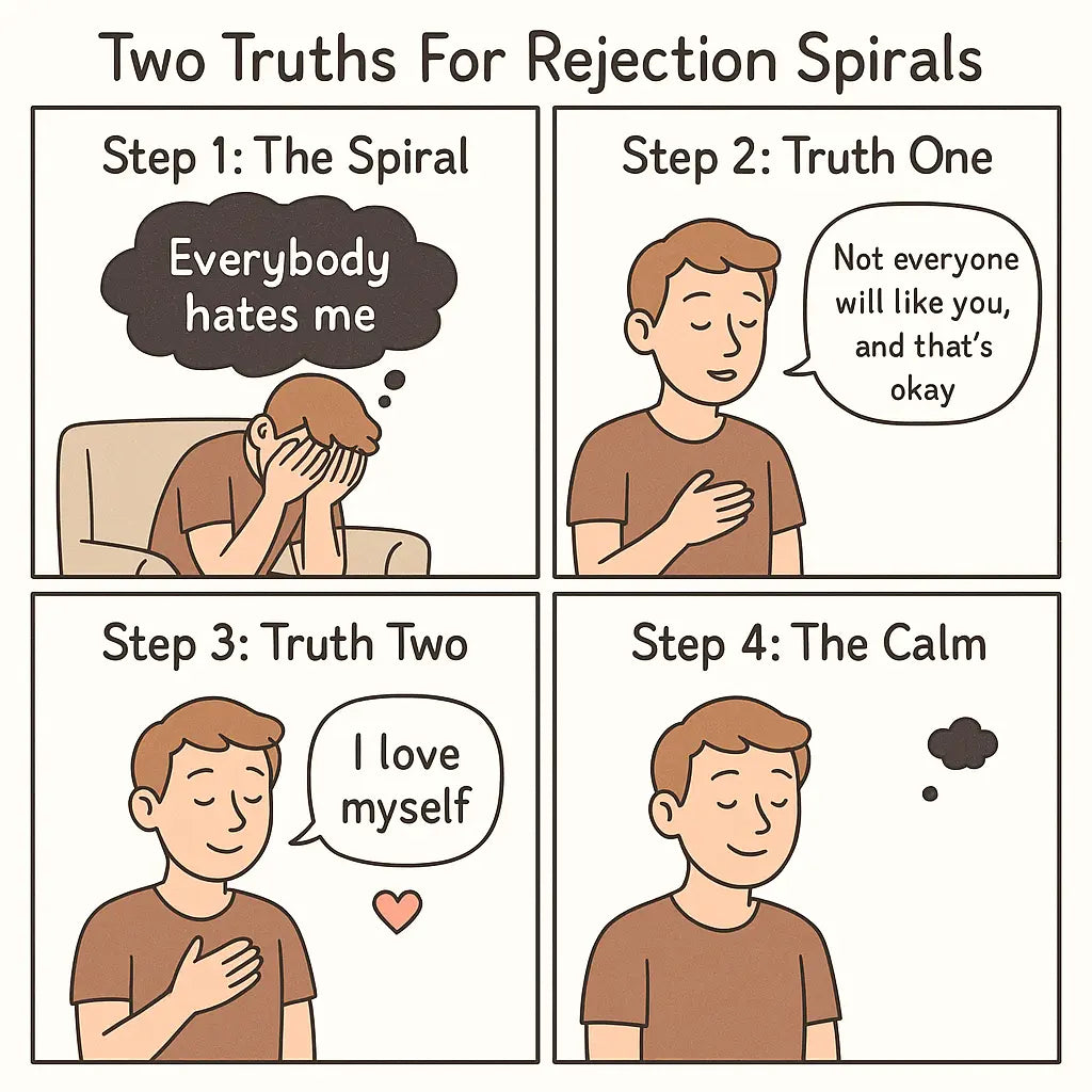 A four-panel comic showing a person moving from distress to calm by using two truths to stop a rejection spiral