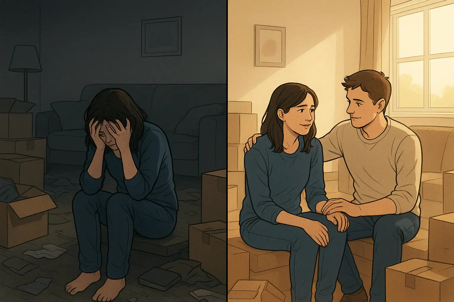 Woman sitting with supportive partner in bright living room, showing emotional relief through teamwork and we-language communication during challenging moment